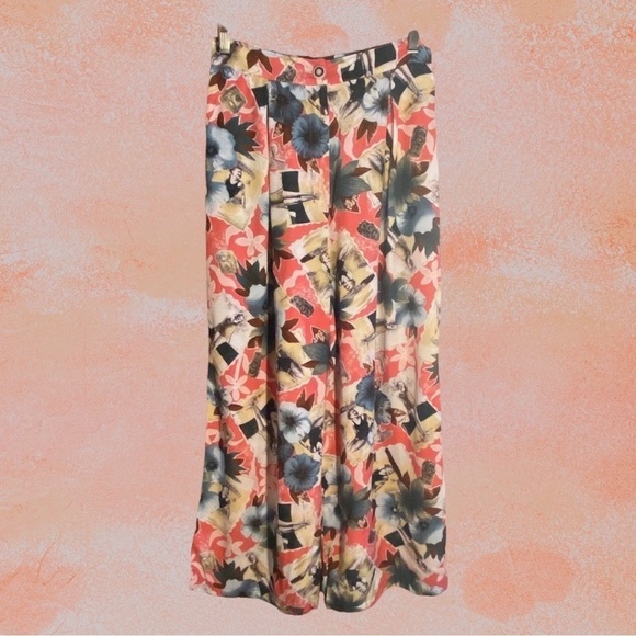 Vintage Y2K 90s Tropical Pin-up Floral Print Rayon Pleated Wide Leg Pants Medium - Picture 1 of 13
